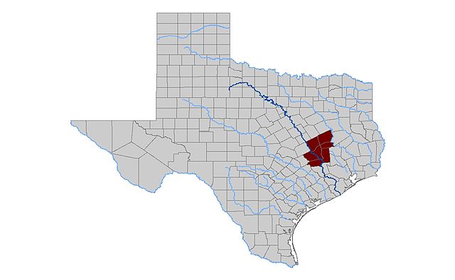 Texas map with Brazos Valley highlighted